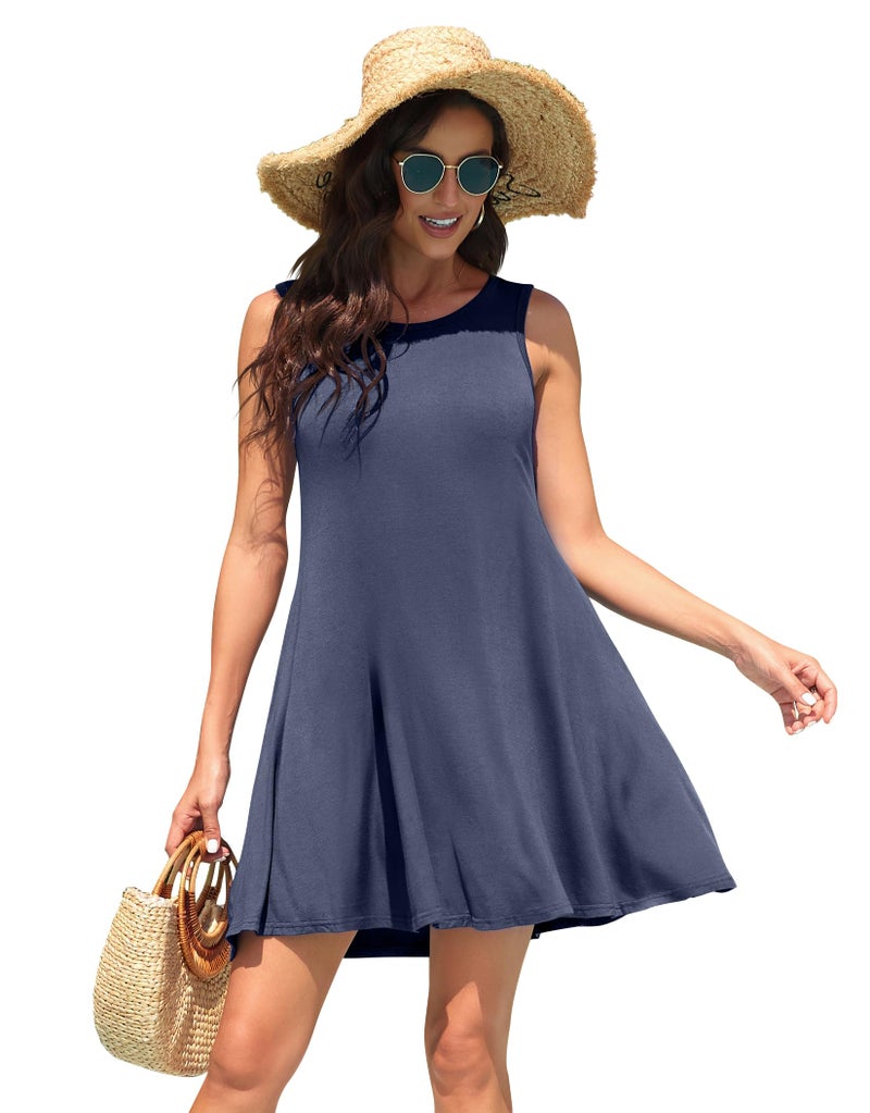 WEACZZY Women Summer Sleeveless Pockets Casual Swing T Shirt Dresses Beach Cover up Plain Pleated Tank Dress,Purple Grayï¼ŒL - Image 4